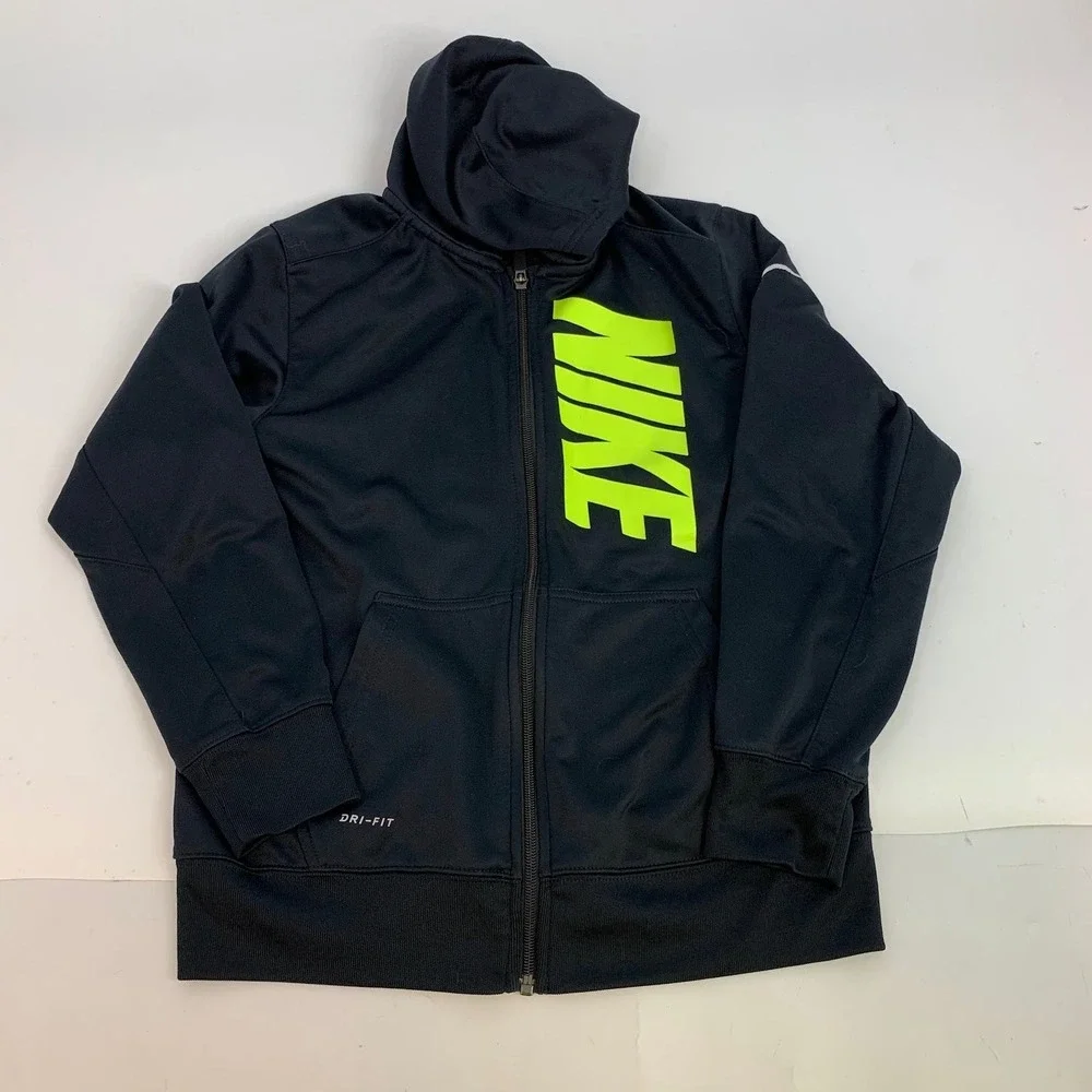 Kids Nike Dri-FIT Full Zip Hooded‎ Jacket Black Neon Green Athletic